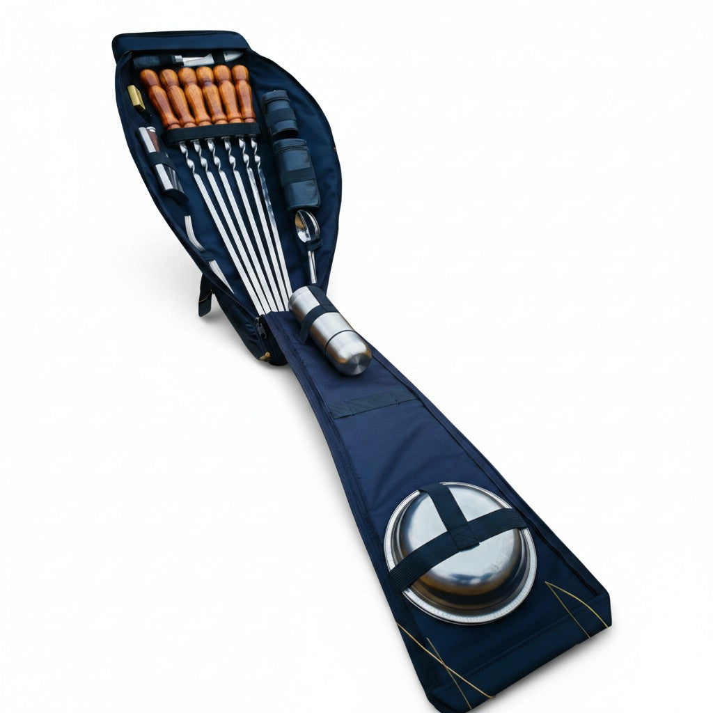 Asia Trade premium 41-piece camping skewer set in a navy blue carry bag with stainless steel utensils and accessories.
