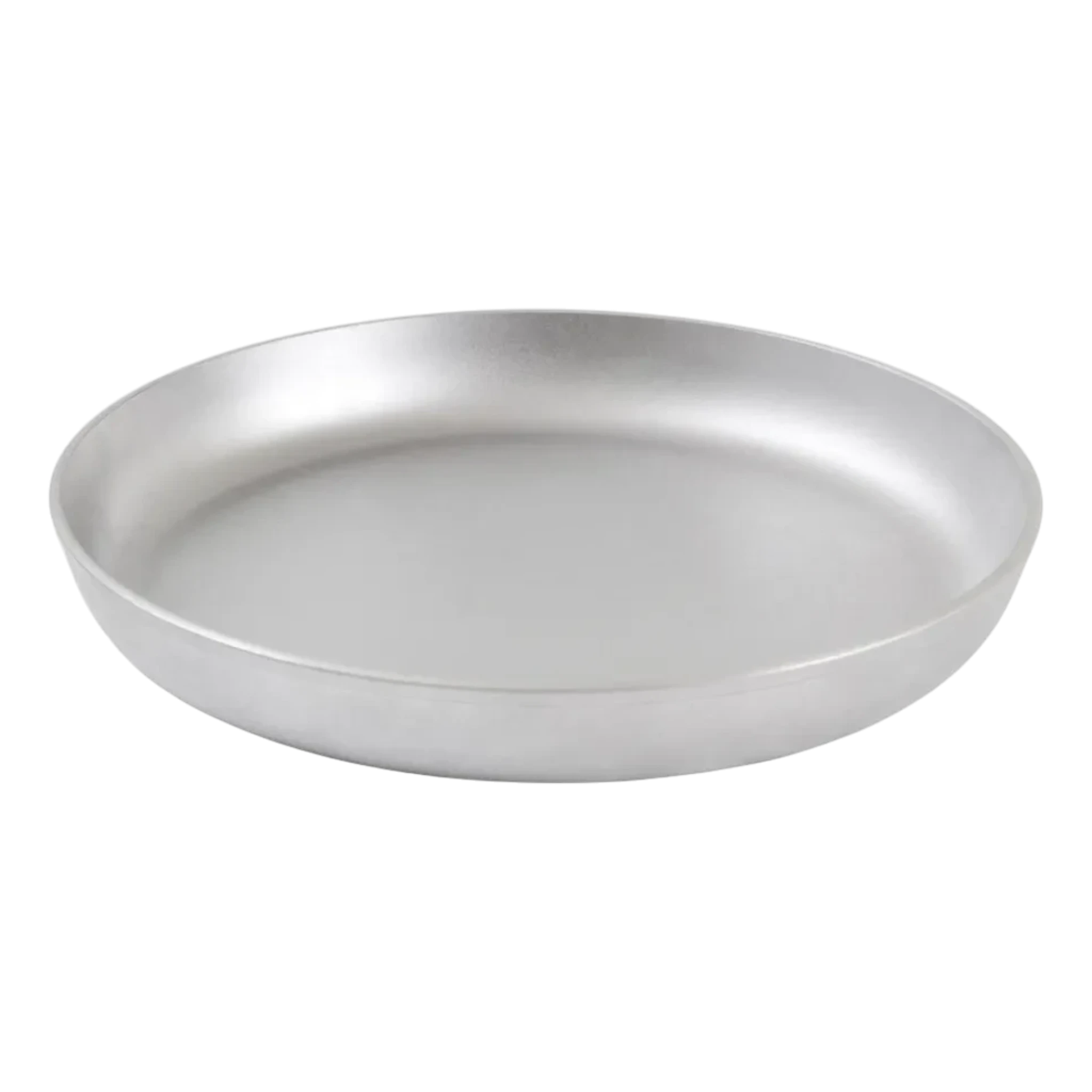 Asia Trade 30cm round cast aluminium frying pan with a shallow profile and matte silver finish