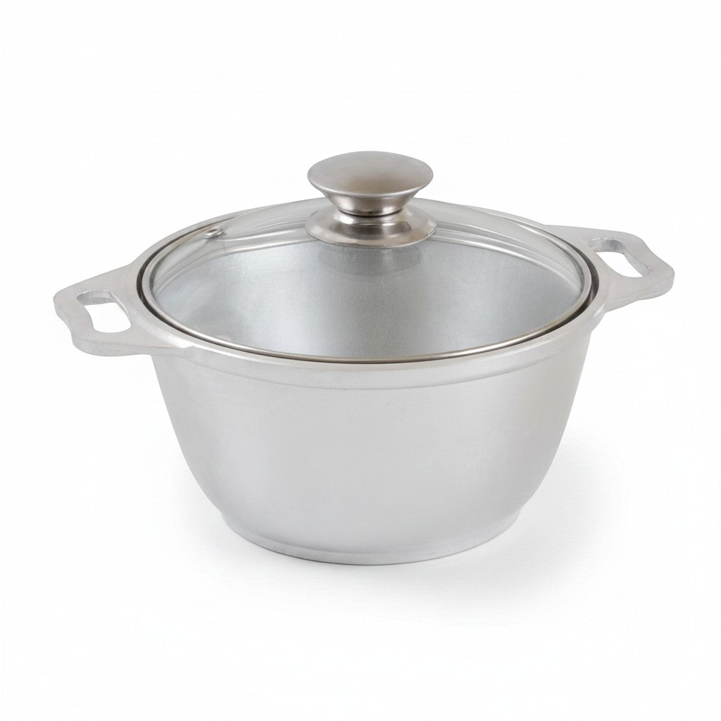Asia Trade 1-liter cast aluminum cooking pot with glass lid and integrated handles for even heat distribution