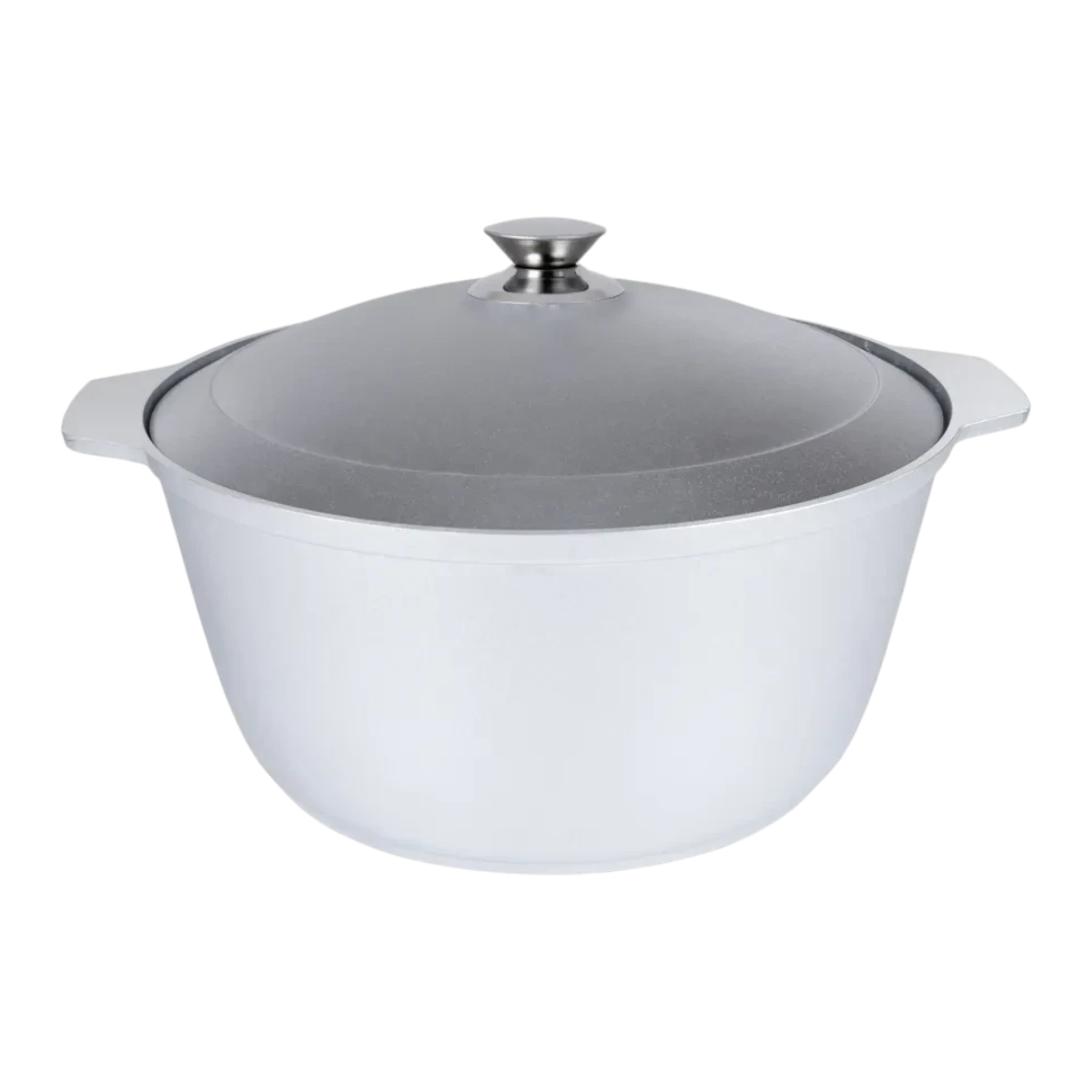 Asia Trade 5-liter cast aluminum cooking pot with a matching lid, featuring a durable silver metallic finish.