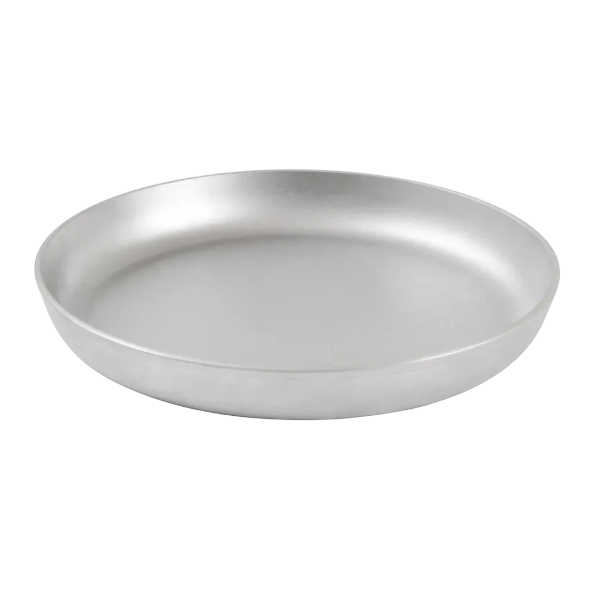 Asia Trade 26cm silver cast aluminum frying pan with a smooth, minimalist design on a black background.