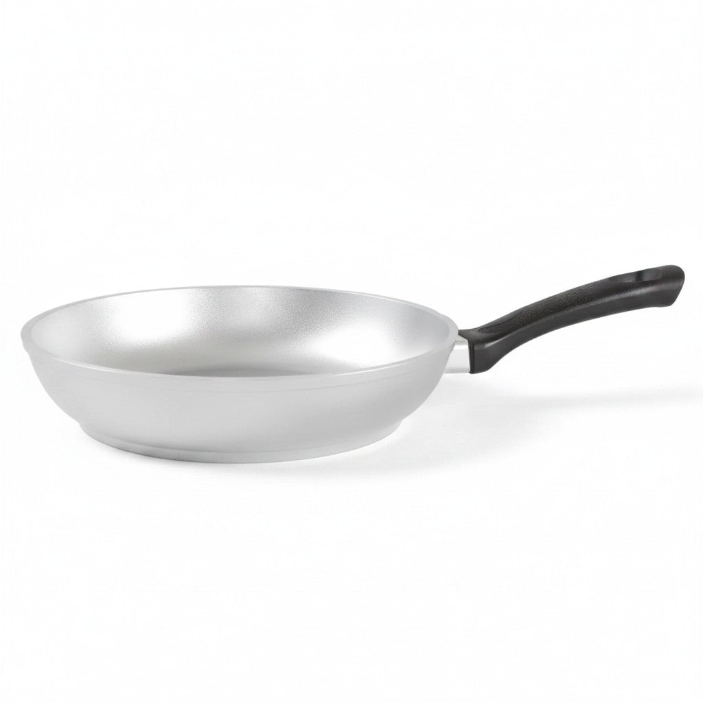 Asia Trade 28cm cast aluminum frying pan with a black handle, suitable for all stovetops except induction.