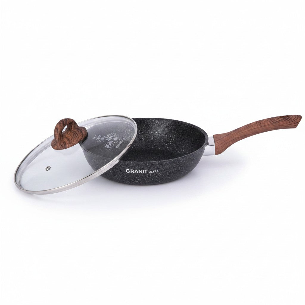Asia Trade 24cm cast aluminum frying pan with non-stick granite coating, glass lid, and wood-effect handle.