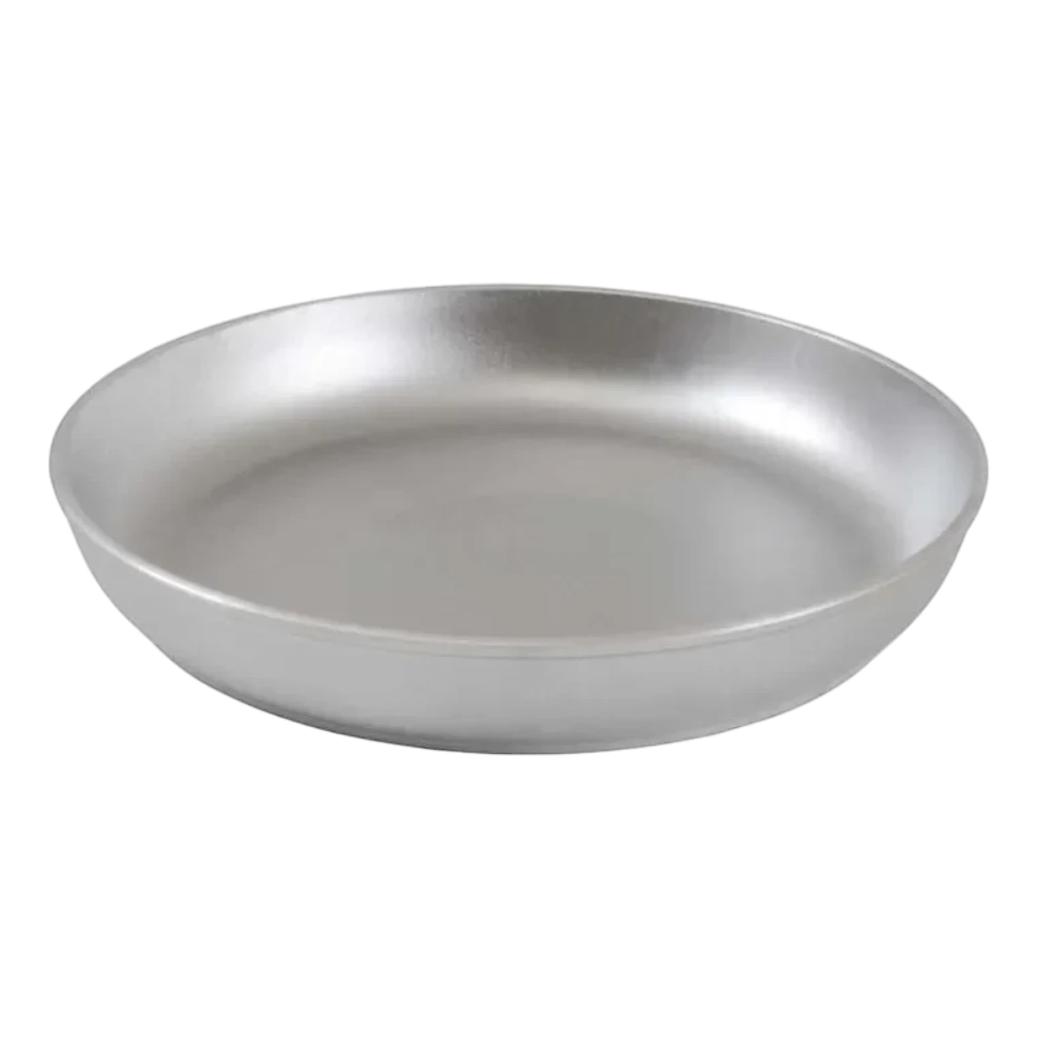 Asia Trade 34cm cast aluminum frying pan with a smooth silver finish and wide circular design