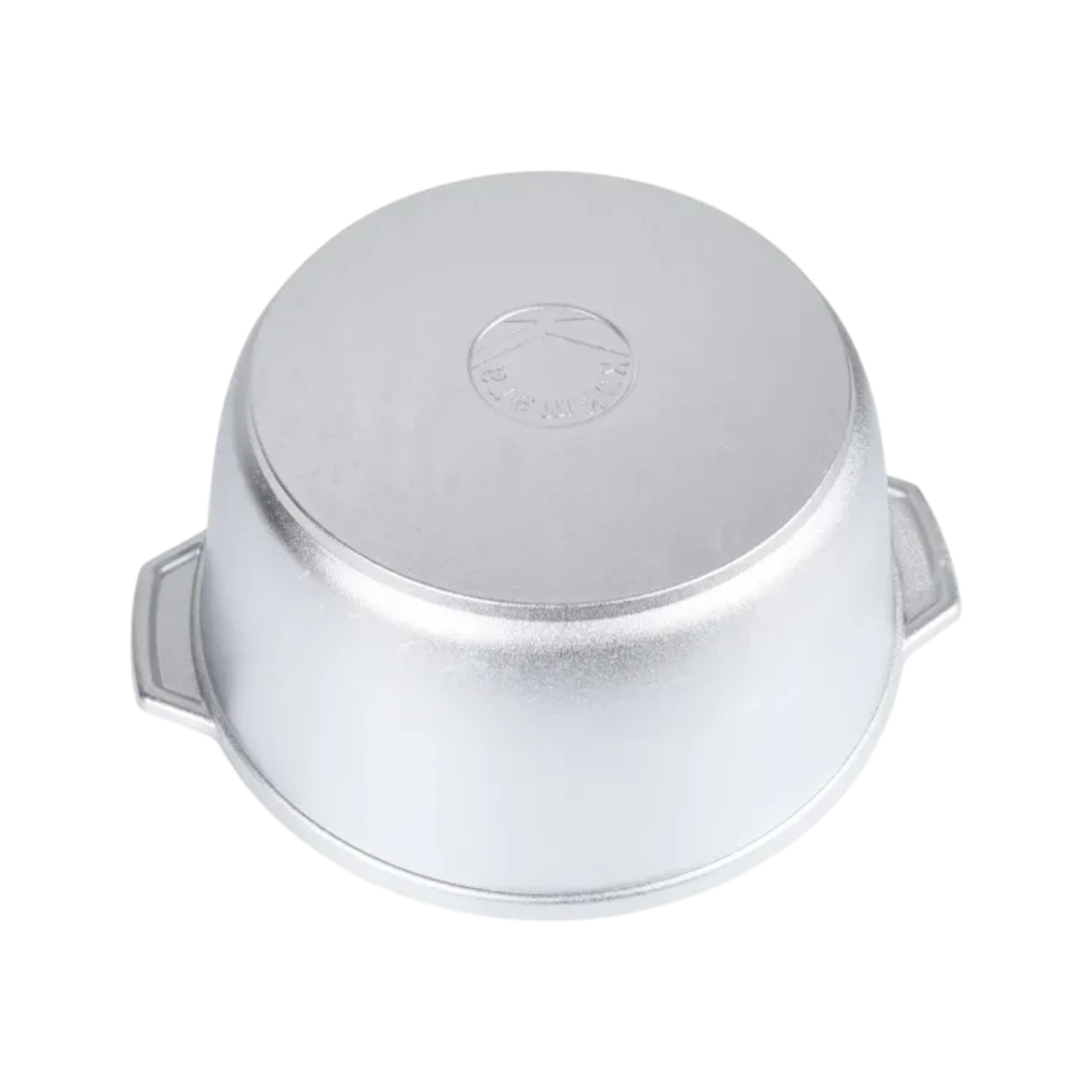Asia Trade 5-liter cast aluminum cooking pot viewed from the bottom showing the metallic finish and side handles