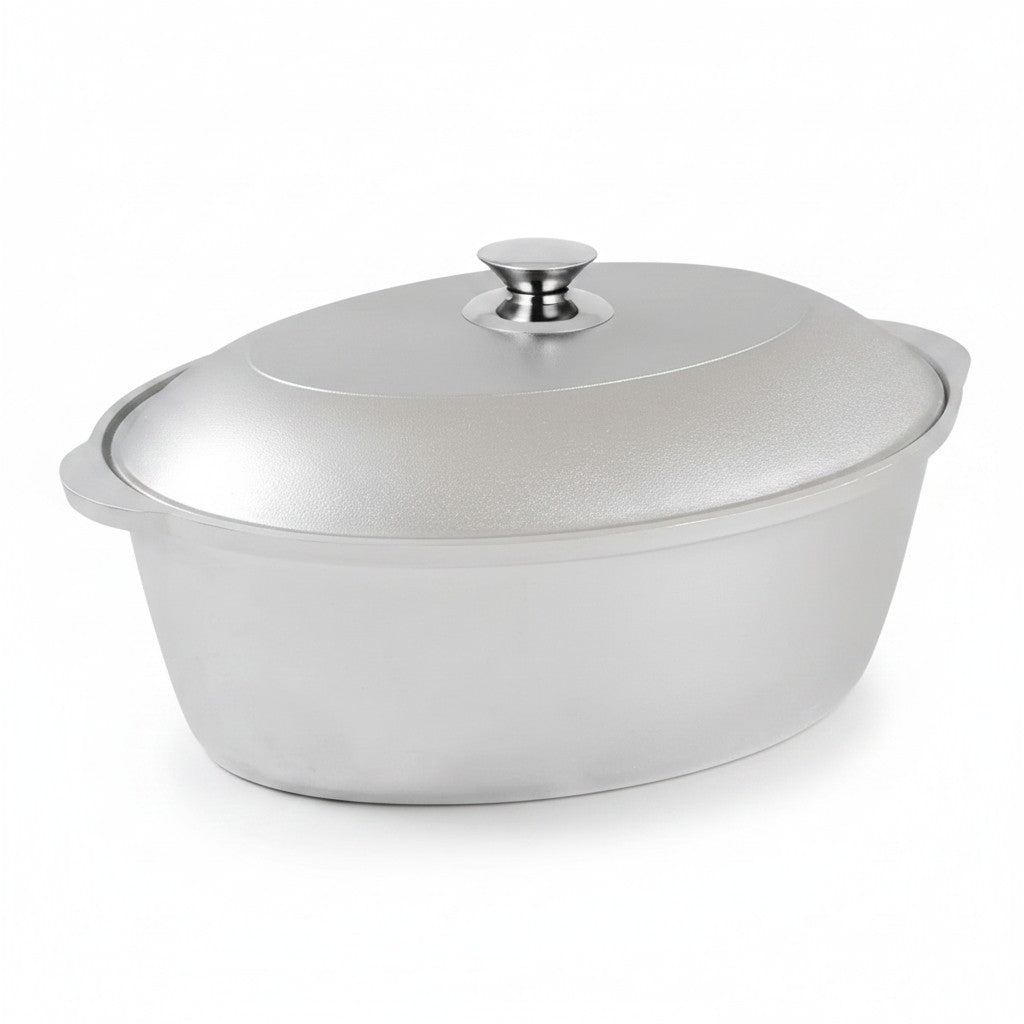 Asia Trade 4-liter oval cast aluminum roaster pot with matching lid, featuring a durable silver metallic finish.