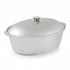 Asia Trade 4-liter oval cast aluminum roaster pot with matching lid, featuring a durable silver metallic finish.