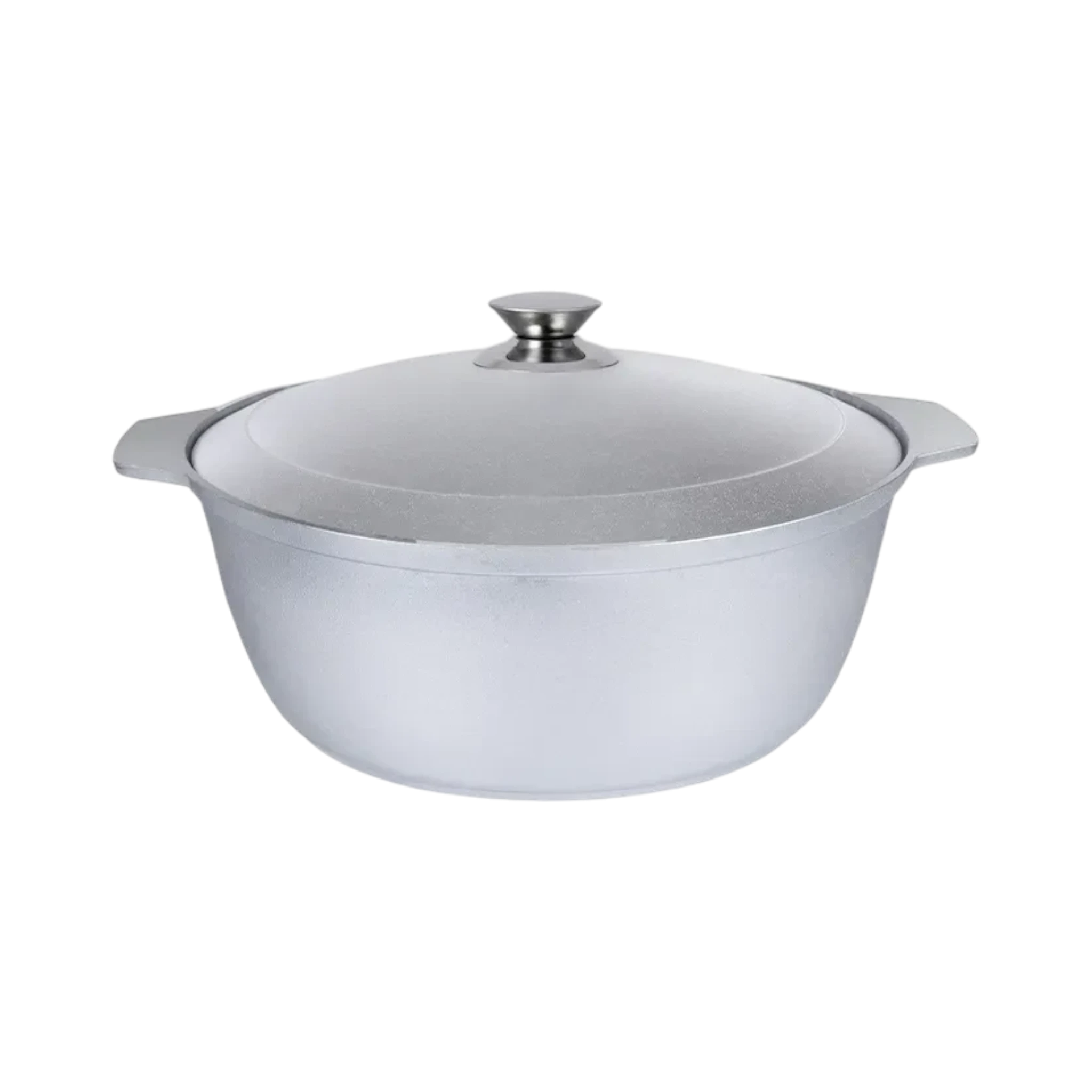 Asia Trade 5-liter cast aluminum saute pan with a matching lid, featuring a durable silver metallic finish.
