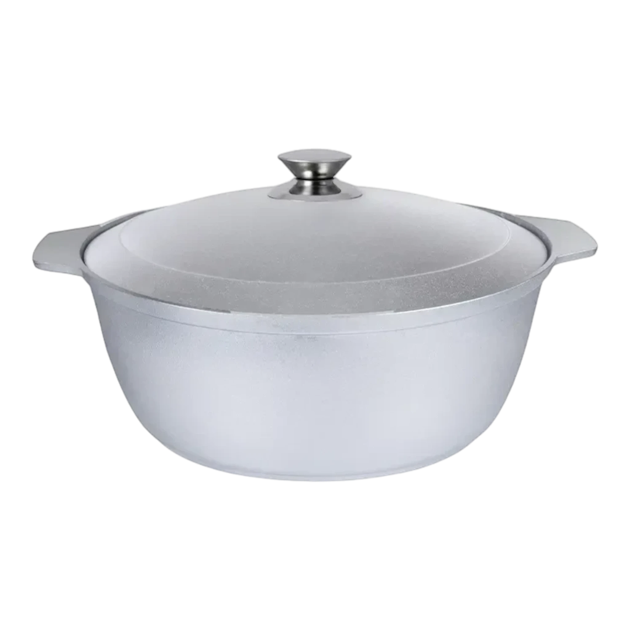 Asia Trade 5-liter cast aluminum saute pan with a matching lid, featuring a durable silver metallic finish.