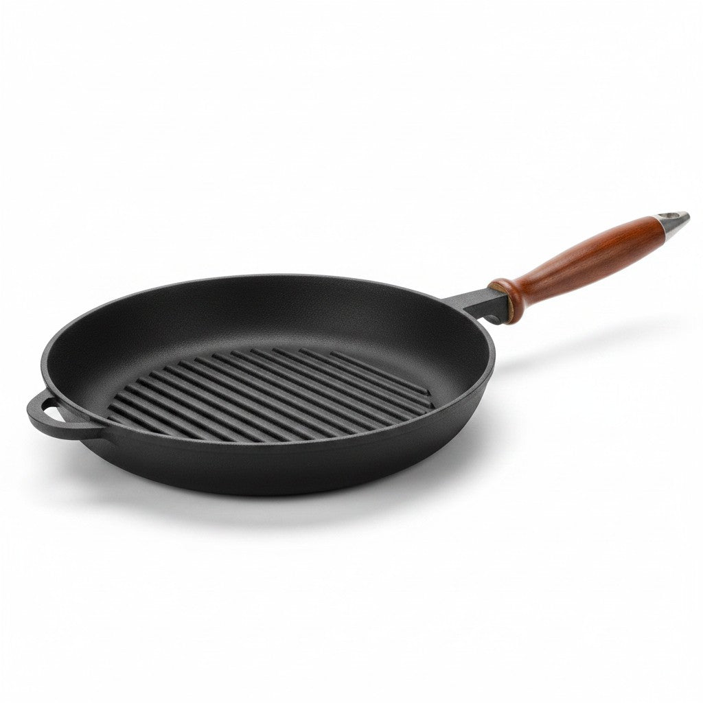 Asia Trade 26cm round cast iron grill pan with ridges and a wooden handle