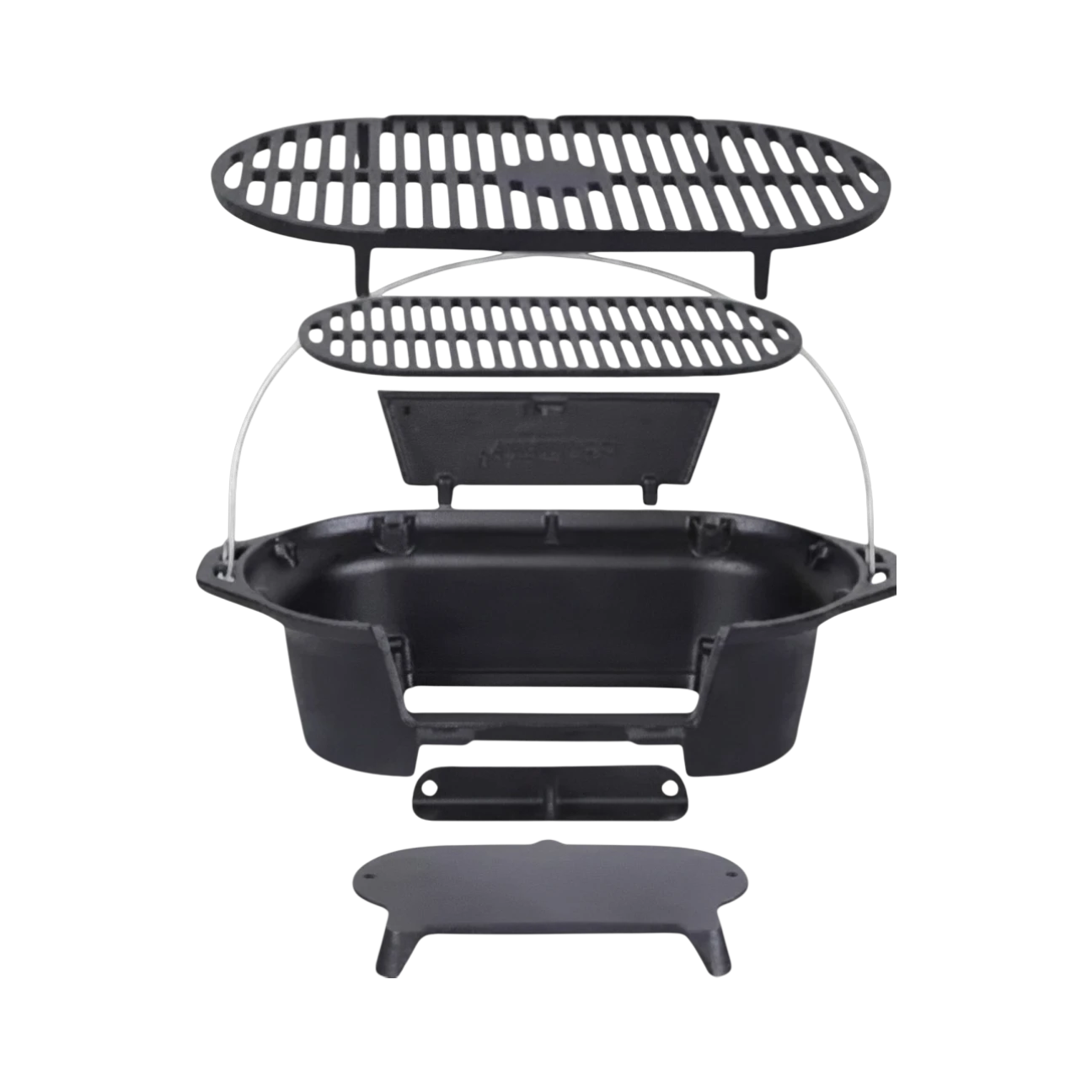 Asia Trade cast iron hibachi tabletop grill exploded view showing six components including grates and charcoal door