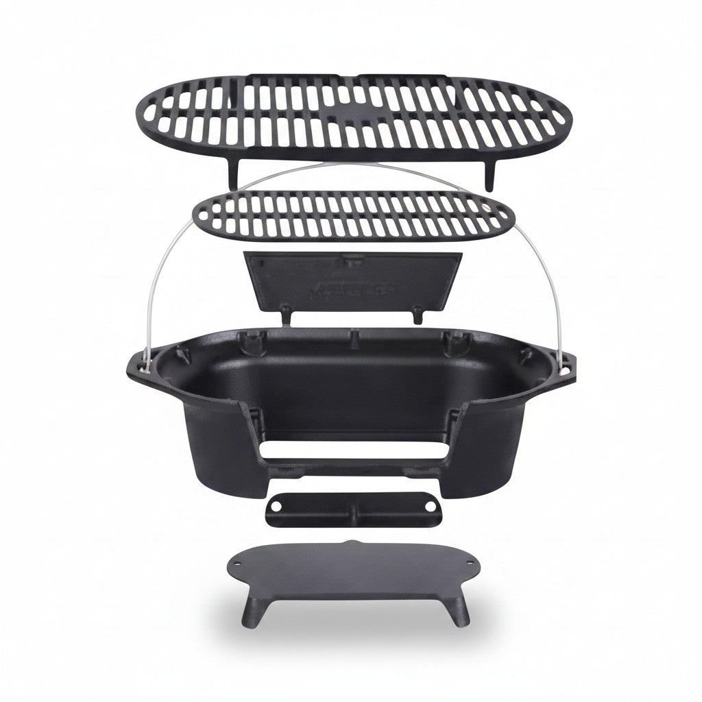 Asia Trade cast iron hibachi tabletop grill disassembled with top and bottom grates and air vent base