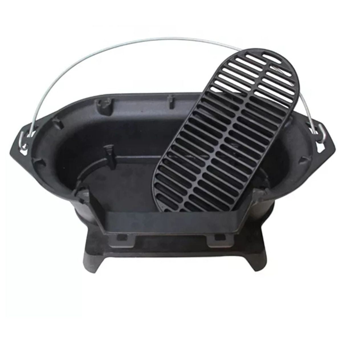 Asia Trade cast iron hibachi tabletop grill with removable grate and carrying handle for outdoor cooking