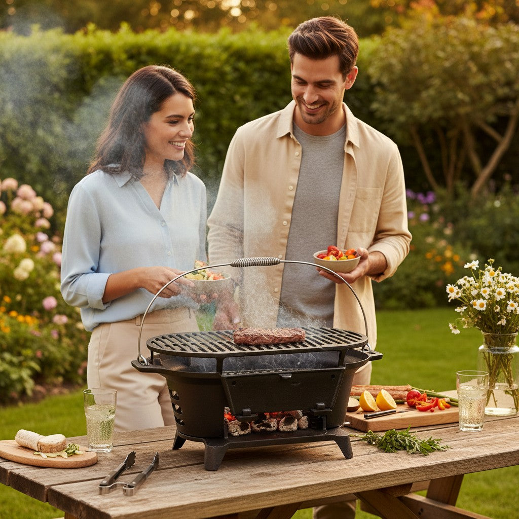 Asia Trade cast iron hibachi tabletop grill with steak on a wooden garden table, with a couple cooking outdoors.