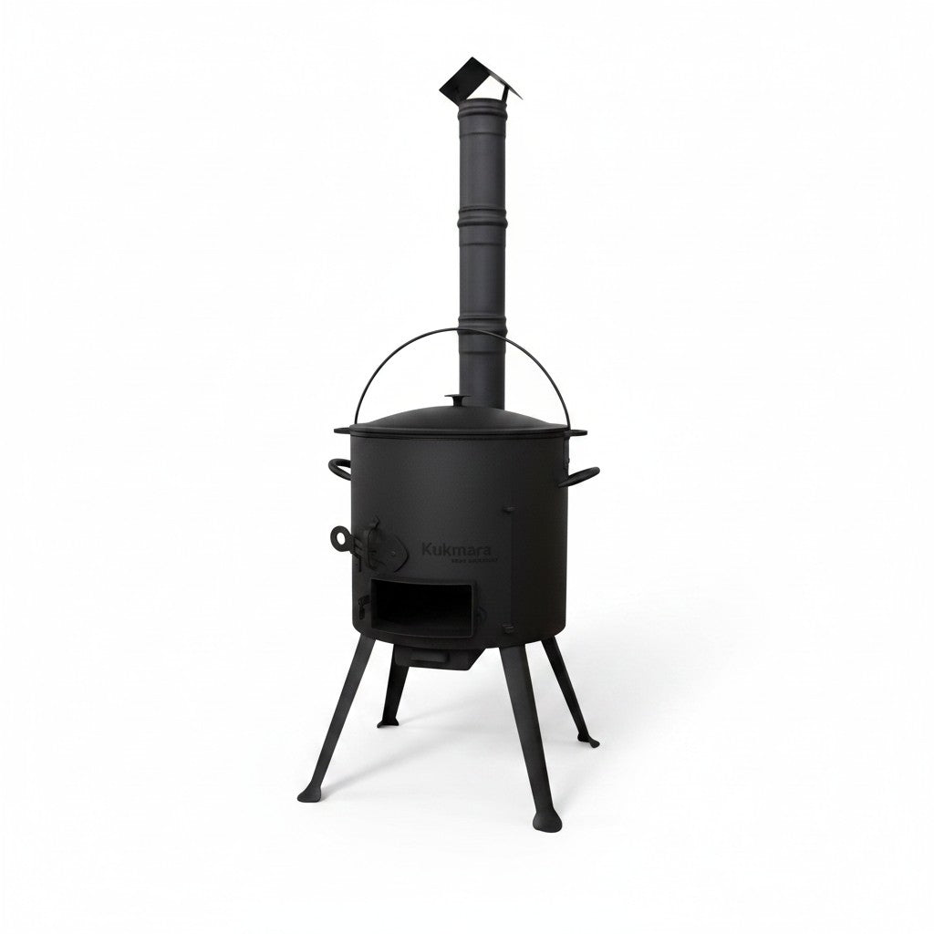 Asia Trade 12-liter cast iron kazan set with a black outdoor cooking stove and chimney for camping and open-fire use.