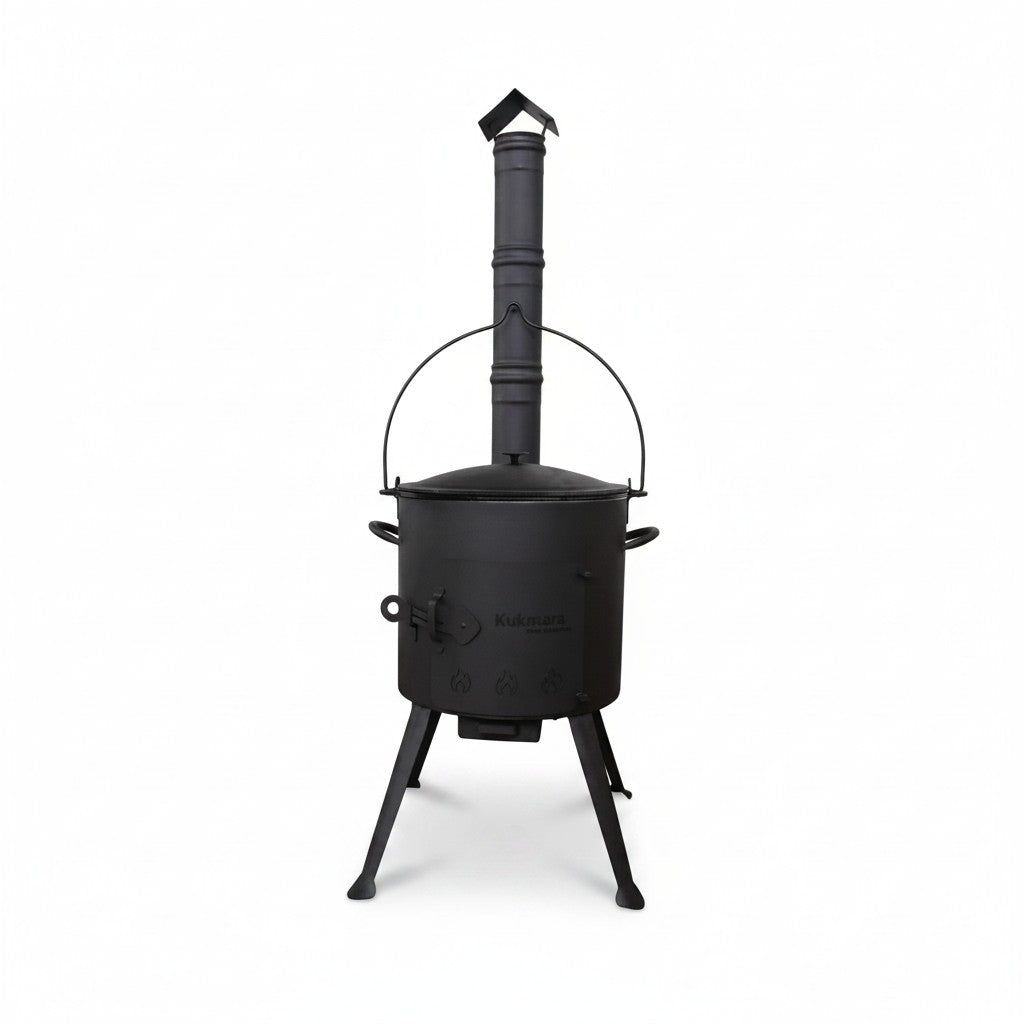 Asia Trade cast iron outdoor cooking stove with chimney and 15L kazan pot for camping and open-fire cooking