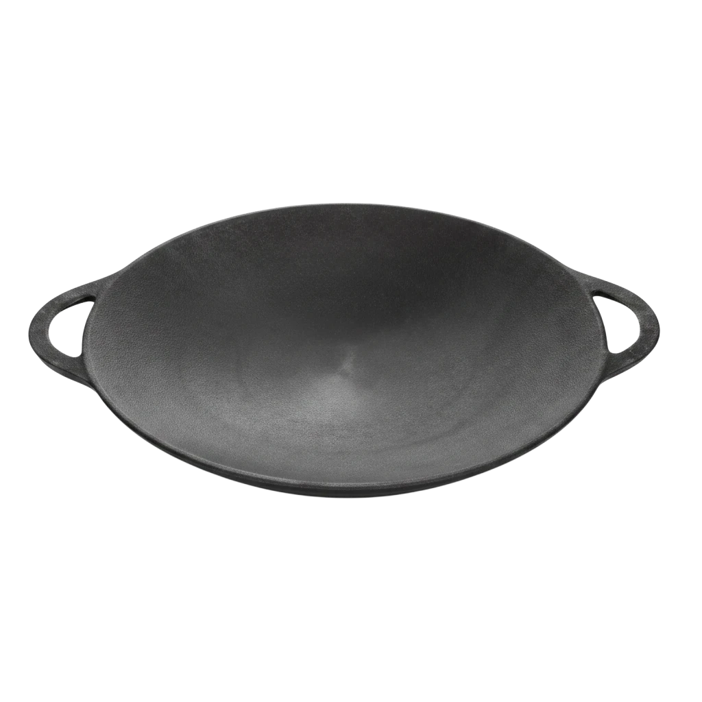 Asia Trade 40cm cast iron saj pan for open fire cooking, featuring a durable black surface and two side handles.