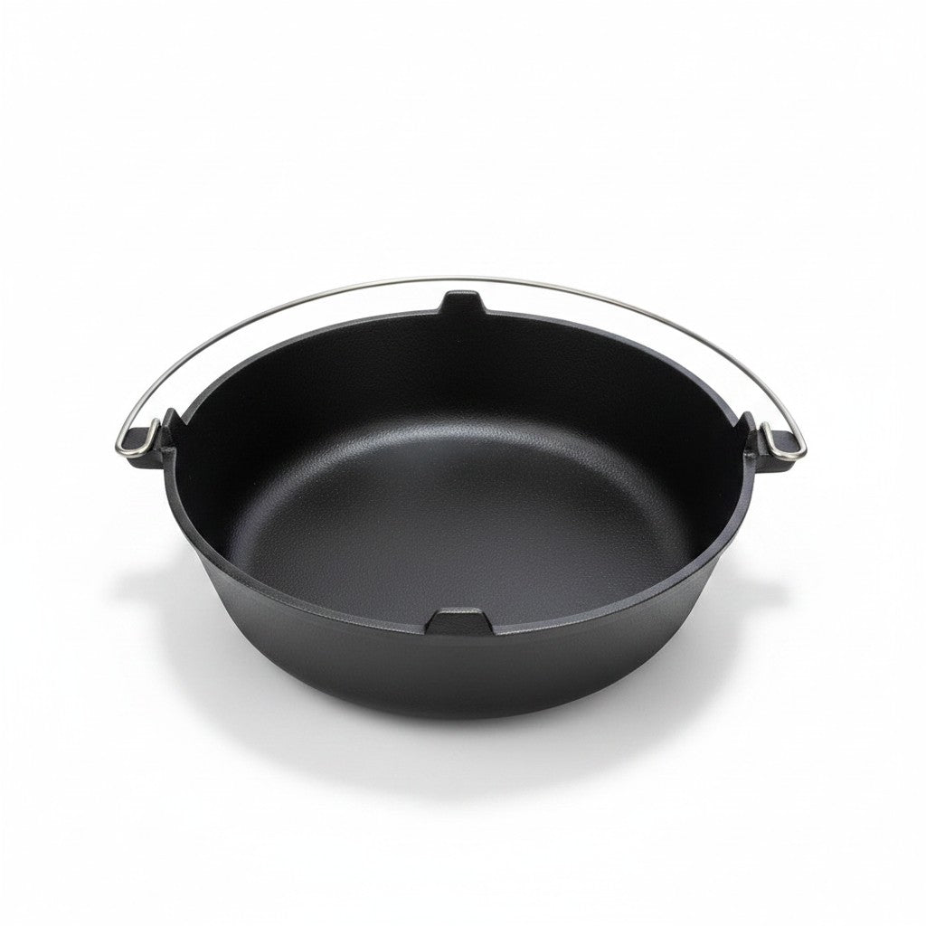 Asia Trade cast iron tabletop grill base with a metal handle for keeping cast iron cookware warm while serving.