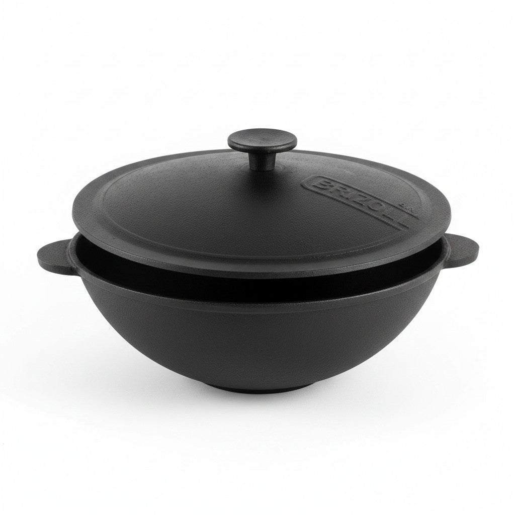Asia Trade 3.7L cast iron wok with matching lid, featuring a durable black finish and sturdy side handles.