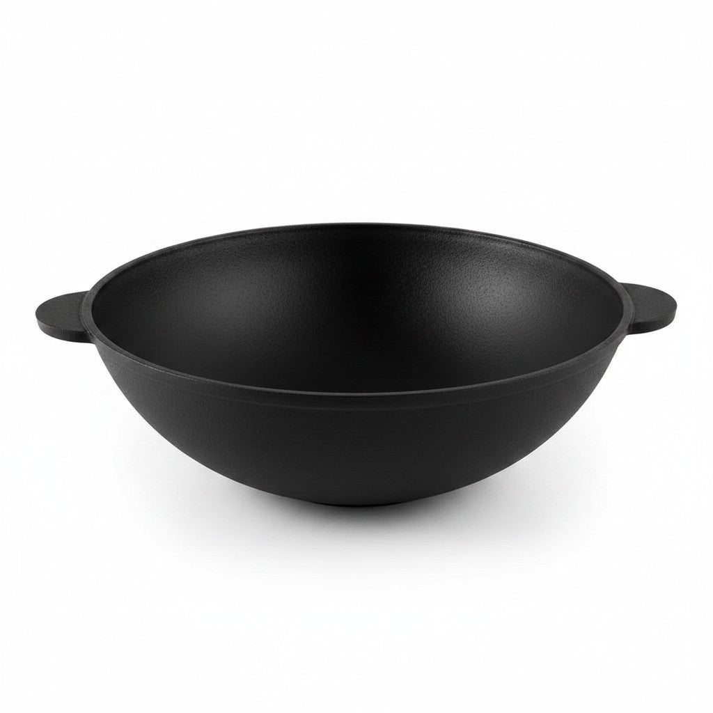 Asia Trade 4.7L cast iron wok with two side handles, perfect for stir-frying and high-heat cooking.