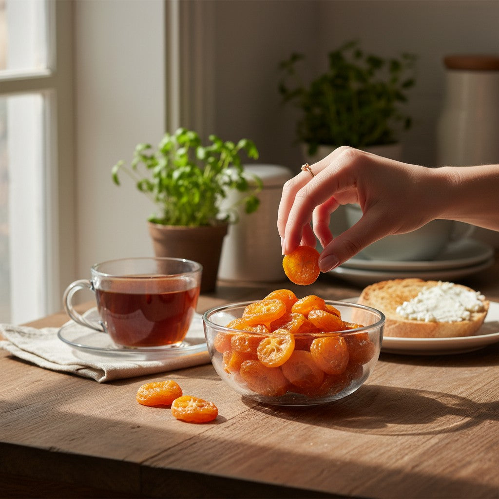 Asia Trade Caucasian sour plums in a glass bowl on a wooden table with a hand picking one, 500g pack.