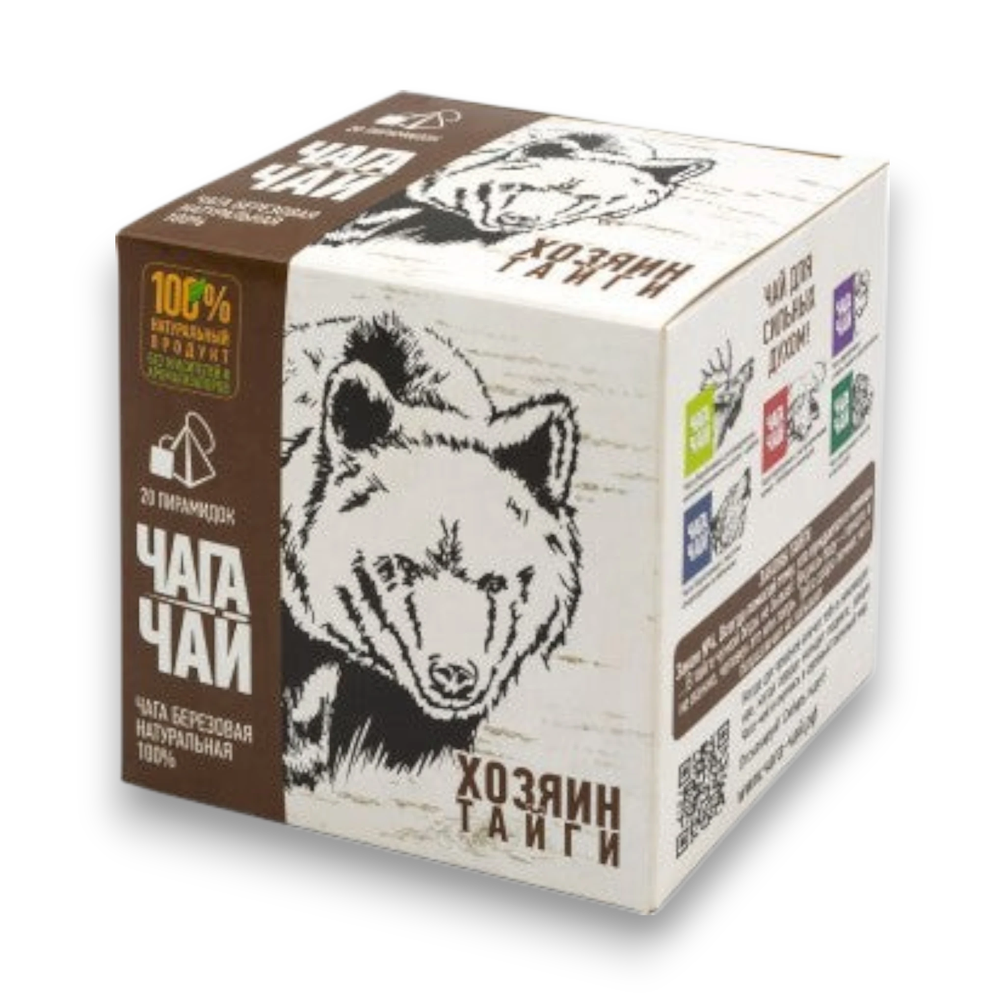 Asia Trade natural Chaga mushroom tea box with 20 pyramid tea bags featuring a bear illustration on the packaging