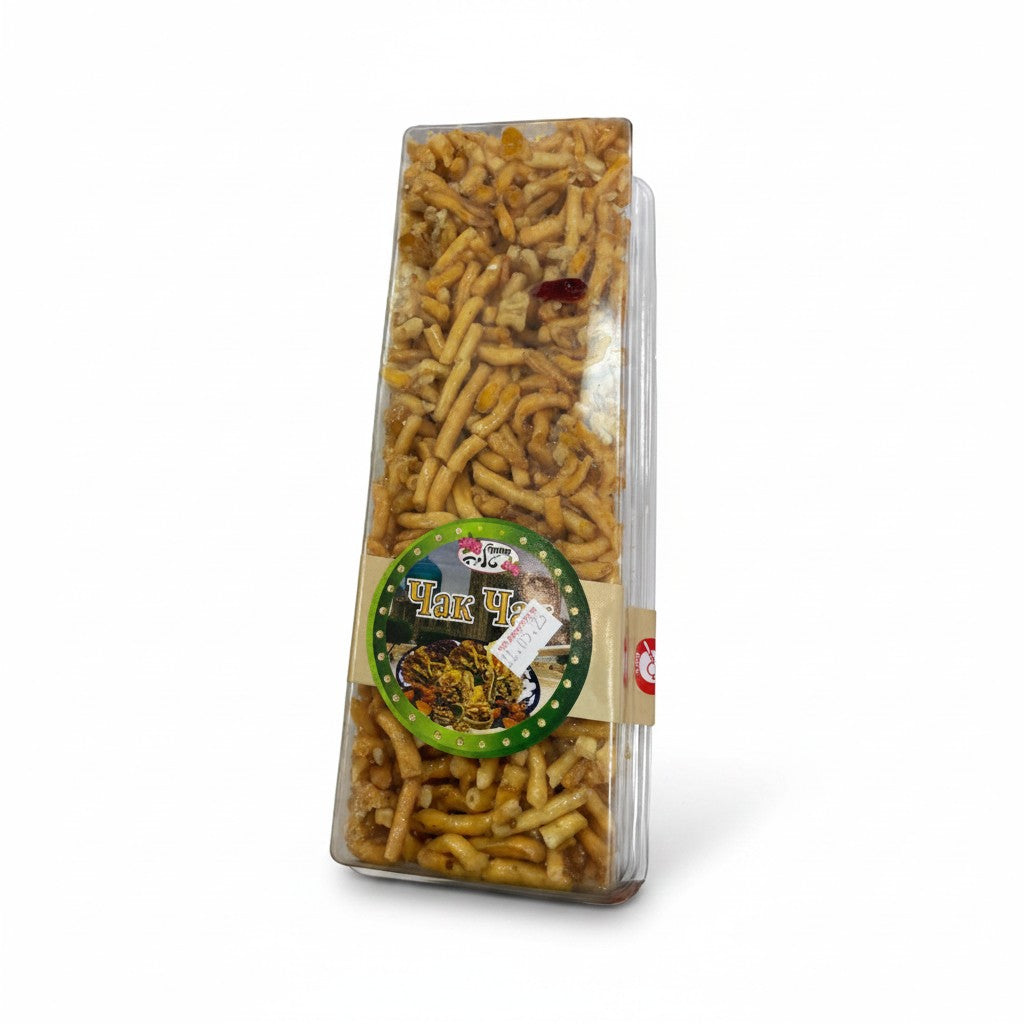 Asia Trade traditional Chak Chak honey noodle cookies with dried fruits in a 300g clear plastic rectangular package