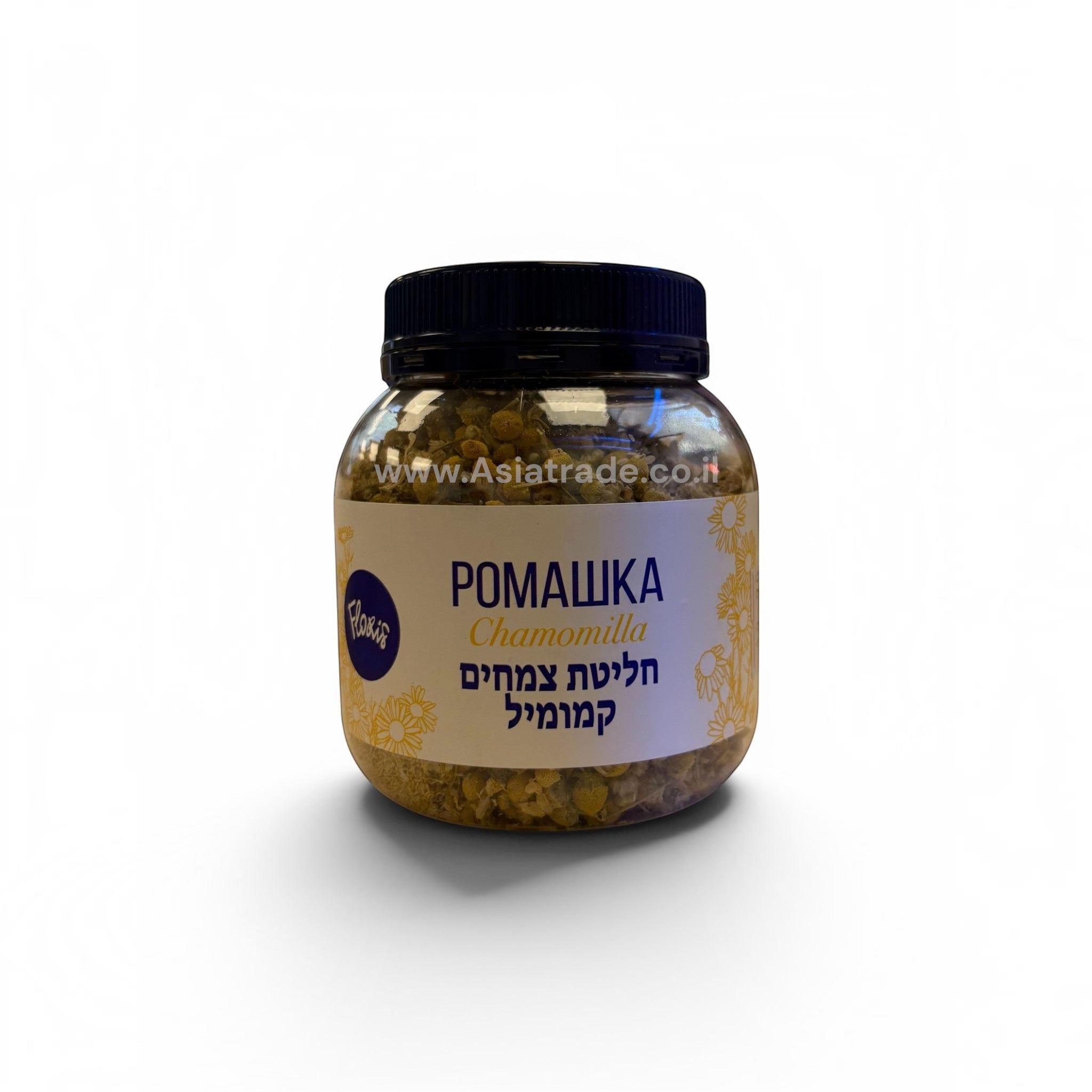 Asia Trade chamomile herbal tea in a clear plastic jar with a black lid and floral label