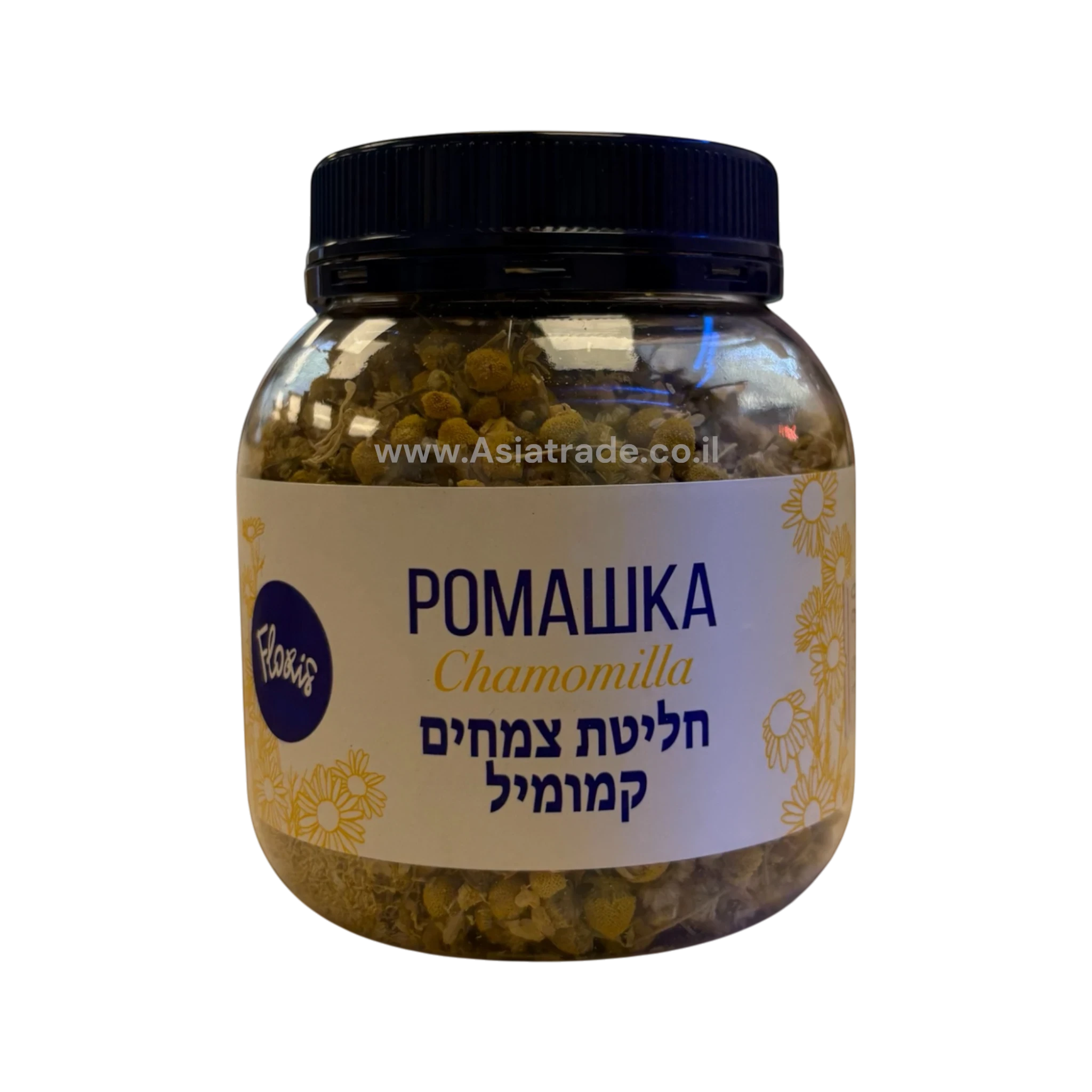 Asia Trade chamomile herbal tea in a clear plastic jar with a black lid, featuring floral label design.