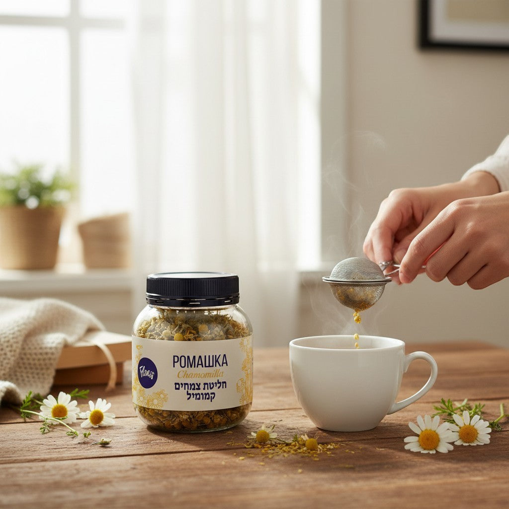 Asia Trade chamomile herbal tea in a glass jar with a person steeping dried flowers in a white cup on a wooden table