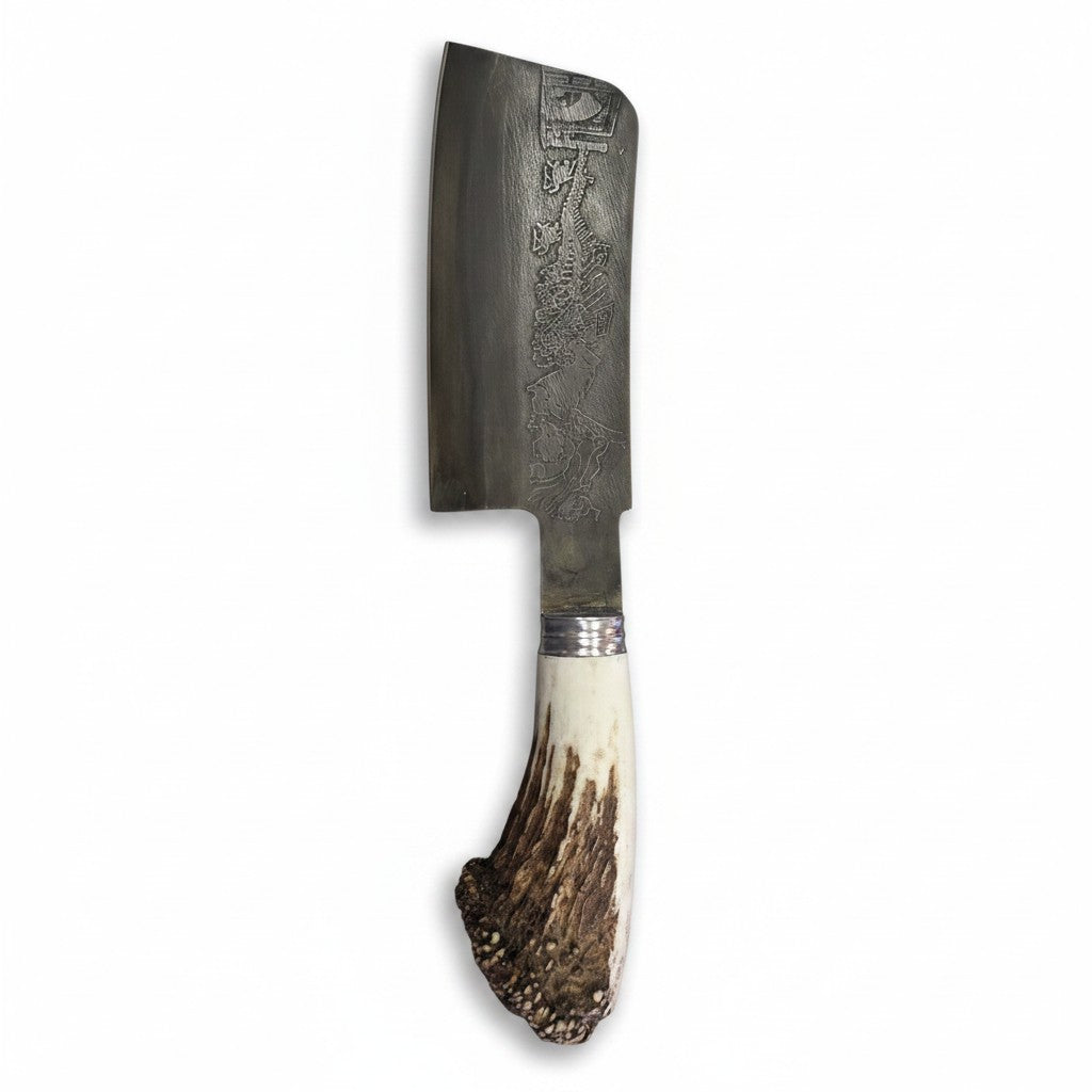 Asia Trade traditional CHUST butcher cleaver with a dark etched blade and a rustic antler handle
