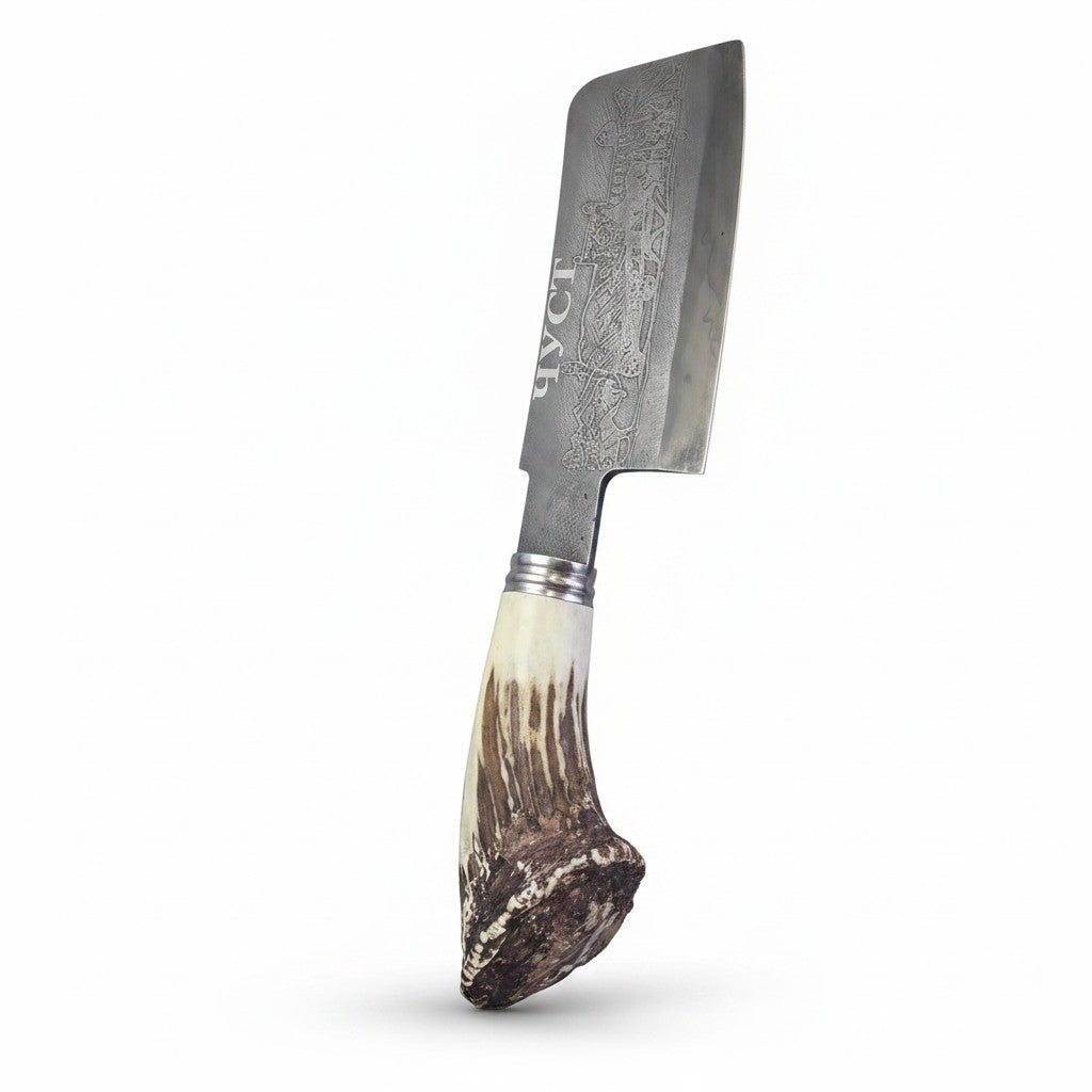 Asia Trade traditional CHUST butcher cleaver with a steel blade featuring intricate engravings and an antler handle.