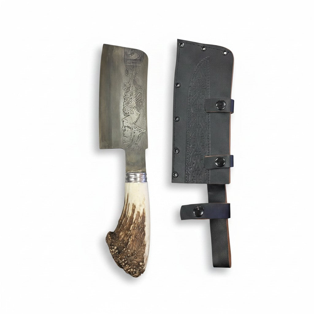 Asia Trade traditional CHUST butcher cleaver with engraved steel blade and rustic antler handle, includes leather sheath