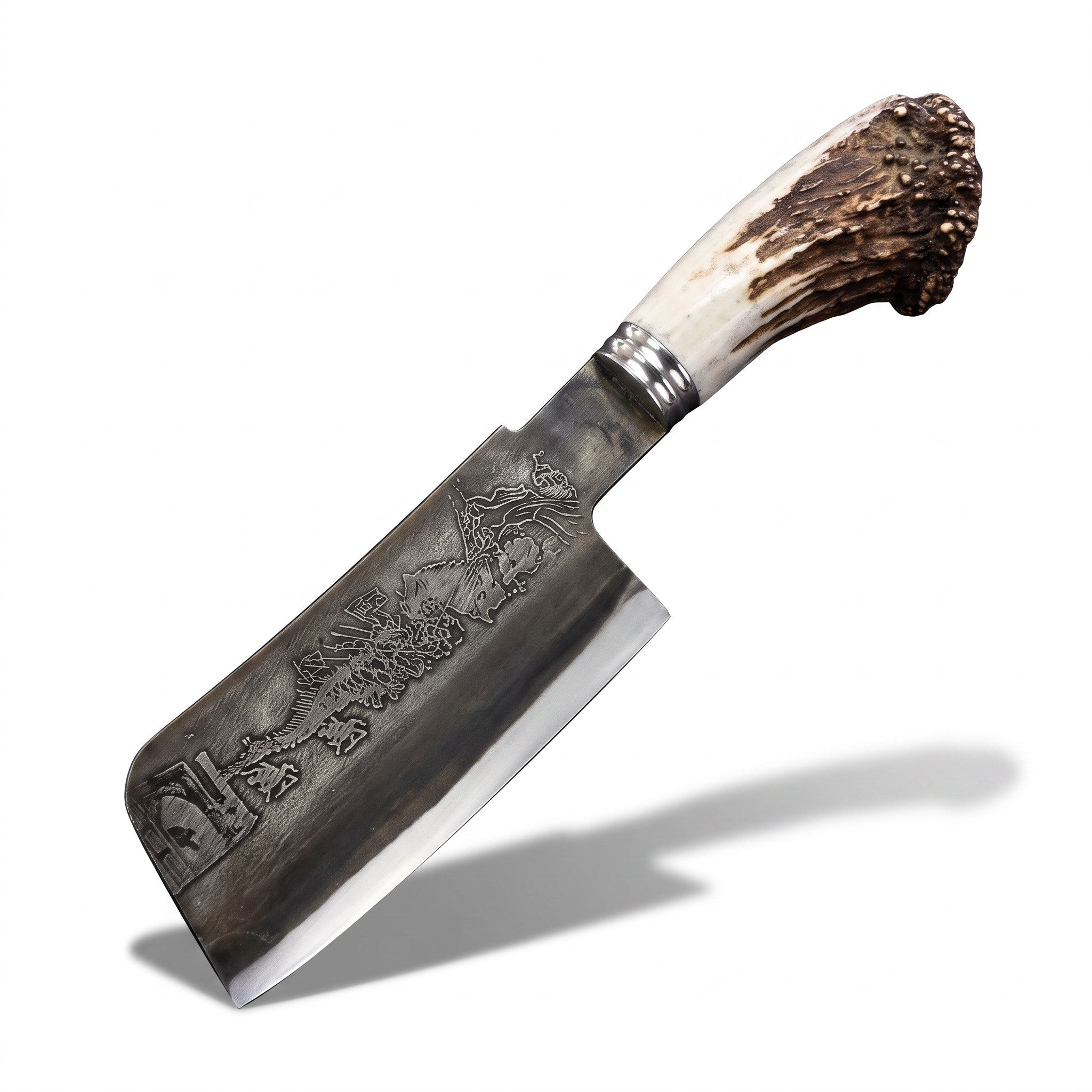 Asia Trade traditional CHUST butcher cleaver with a dark etched steel blade and a rustic antler handle