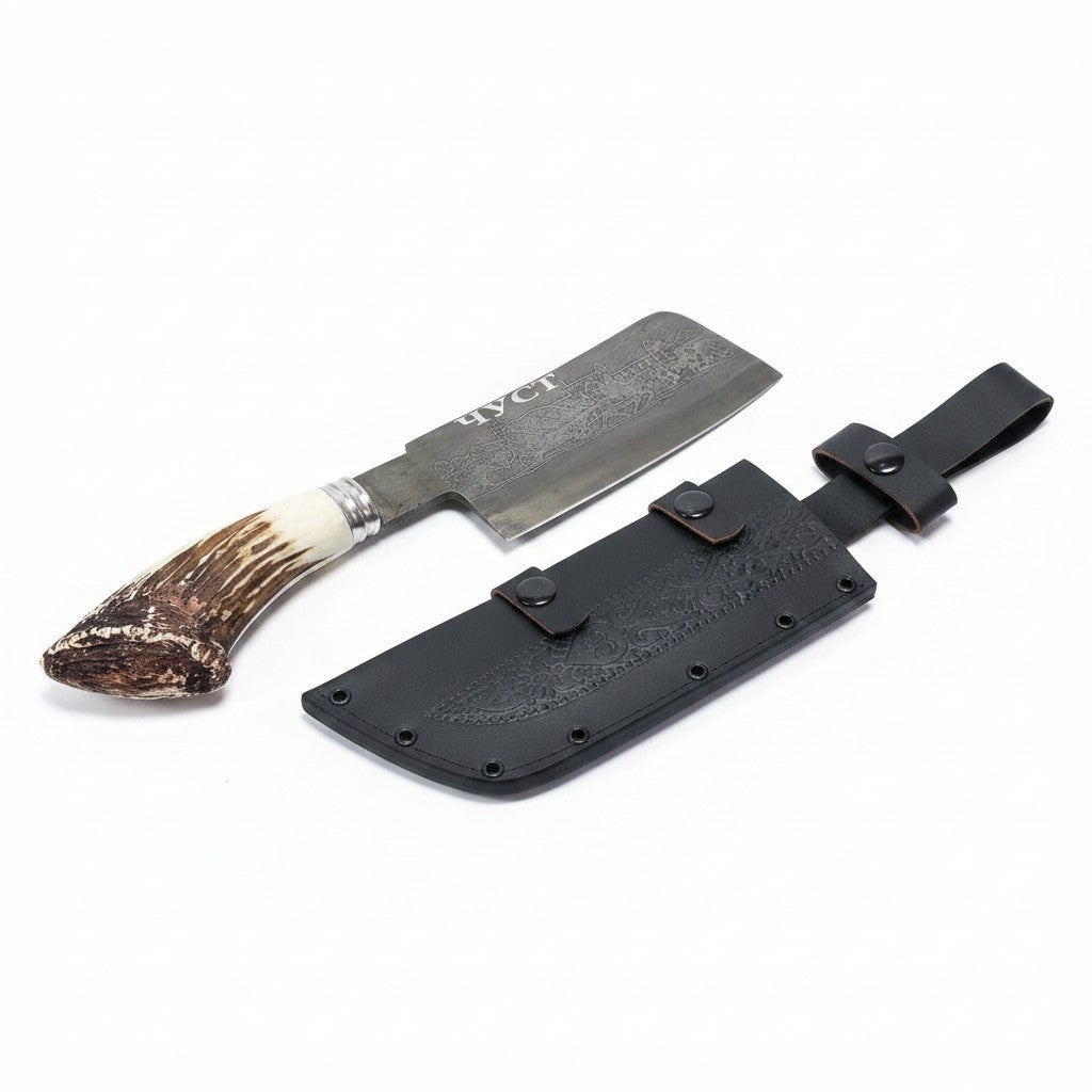 Asia Trade traditional CHUST butcher cleaver with a textured antler handle and a black leather sheath
