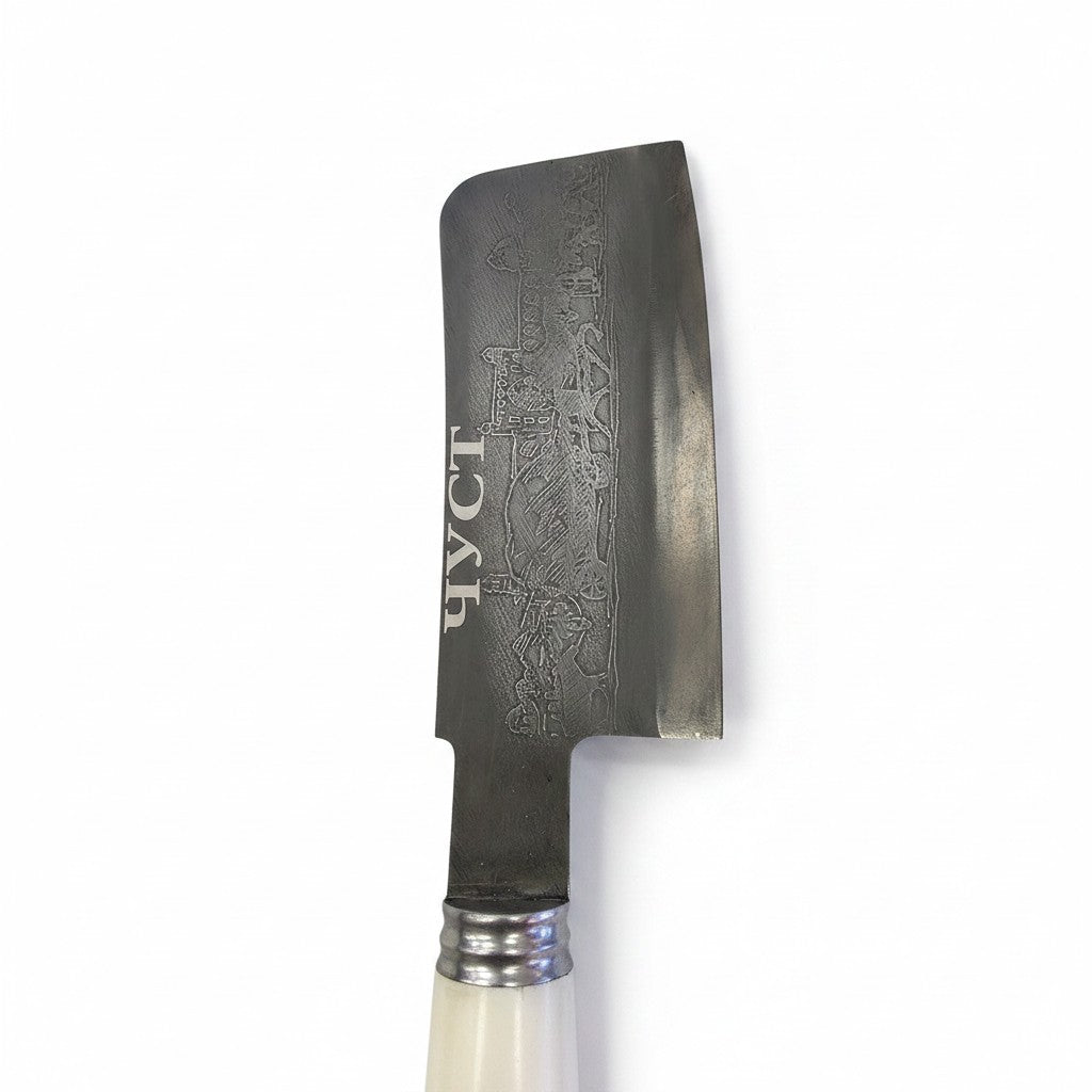 Asia Trade traditional CHUST butcher cleaver with etched blade design and white handle on white background