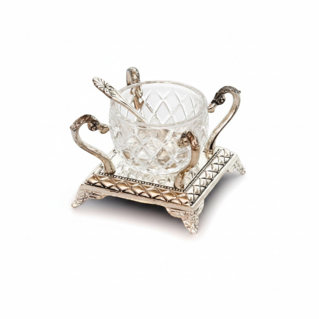 Asia Trade crystal salt cellar with silver-plated stand and spoon for Shabbat and holiday table settings