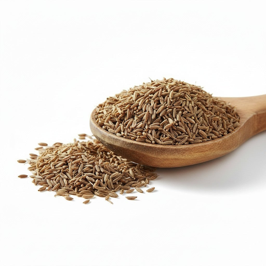 Asia Trade high-quality natural cumin seeds in a wooden spoon on a white background