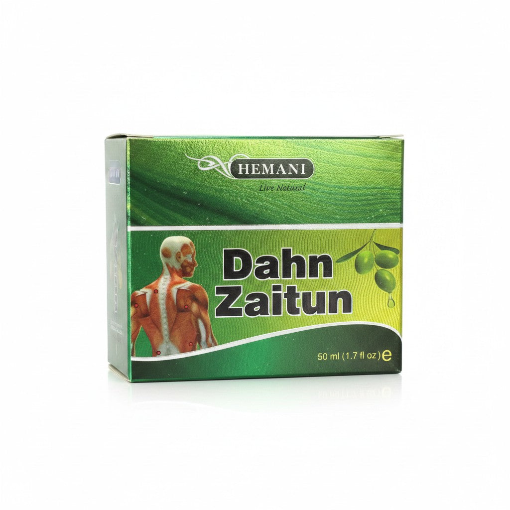 Asia Trade Hemani Dahn Zaitun olive oil muscle relief cream in a green 50ml box with anatomical muscle diagram