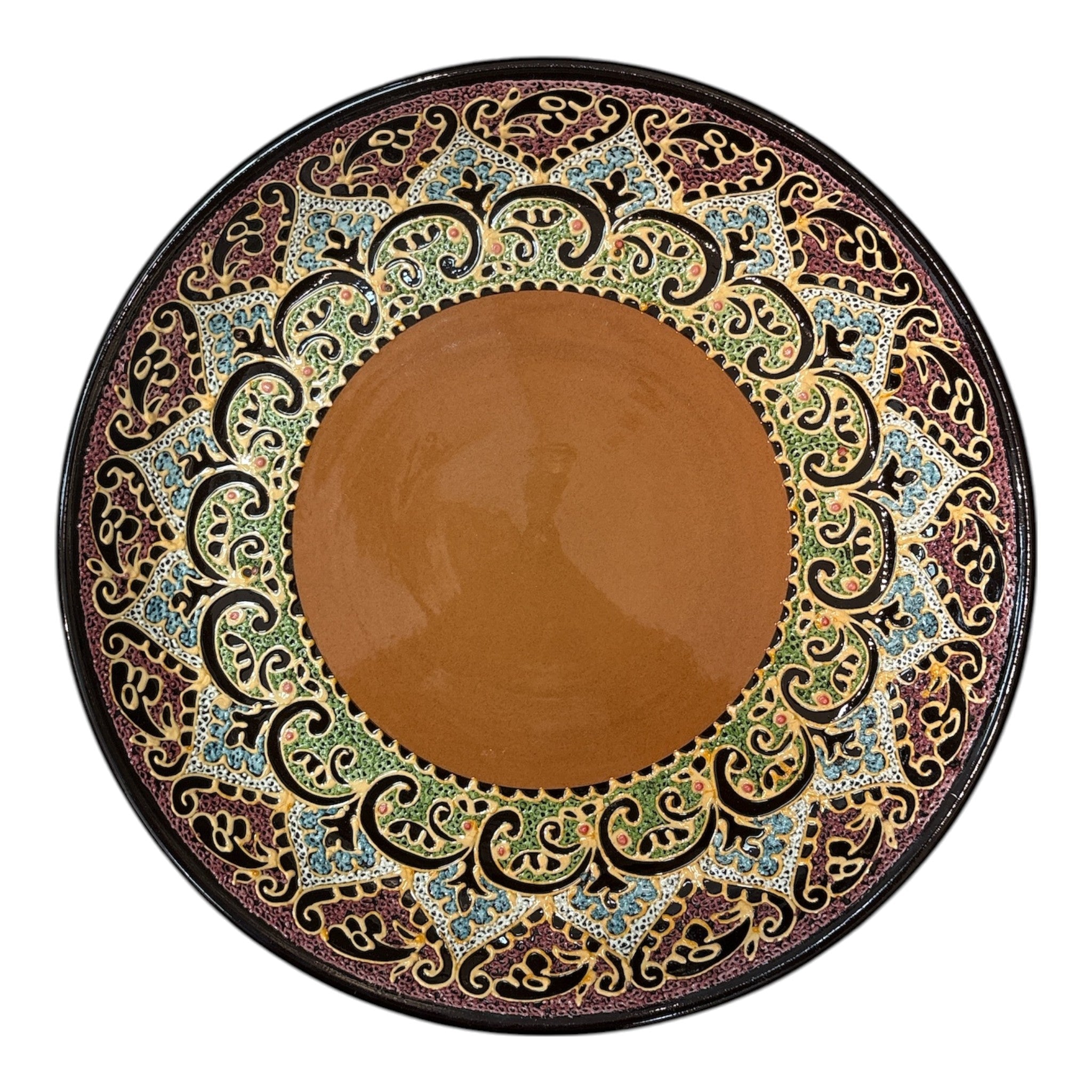 Asia Trade 32cm decorative ceramic plate featuring intricate multi-colored floral patterns and a solid brown center.