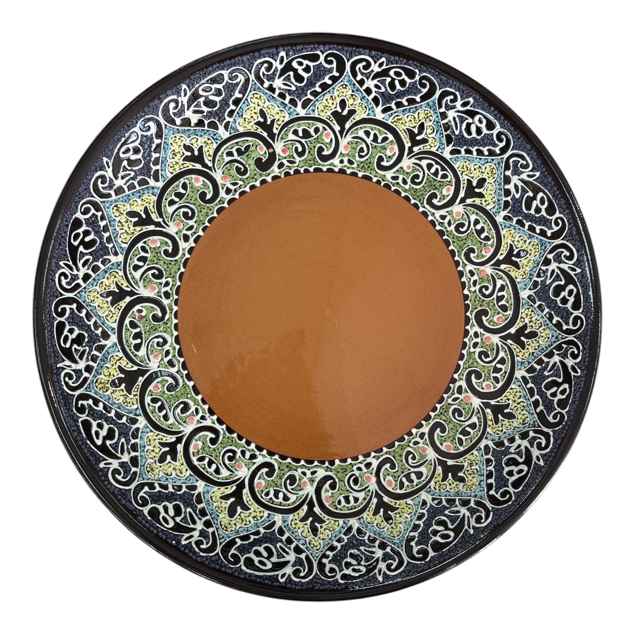 Asia Trade 32cm decorative ceramic plate featuring a brown center and intricate black, green, and white floral patterns.