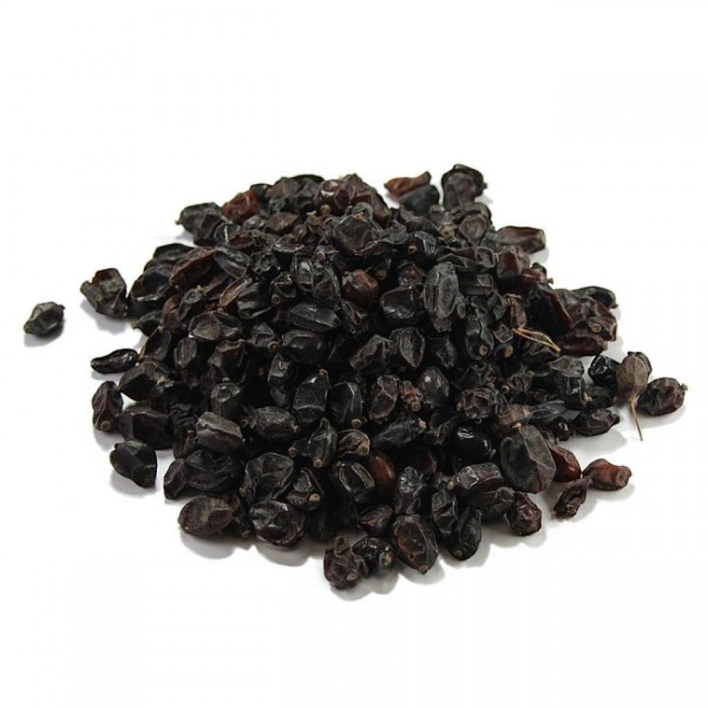 Asia Trade dried black barberries from Uzbekistan in a 300g portion, isolated on a white background.