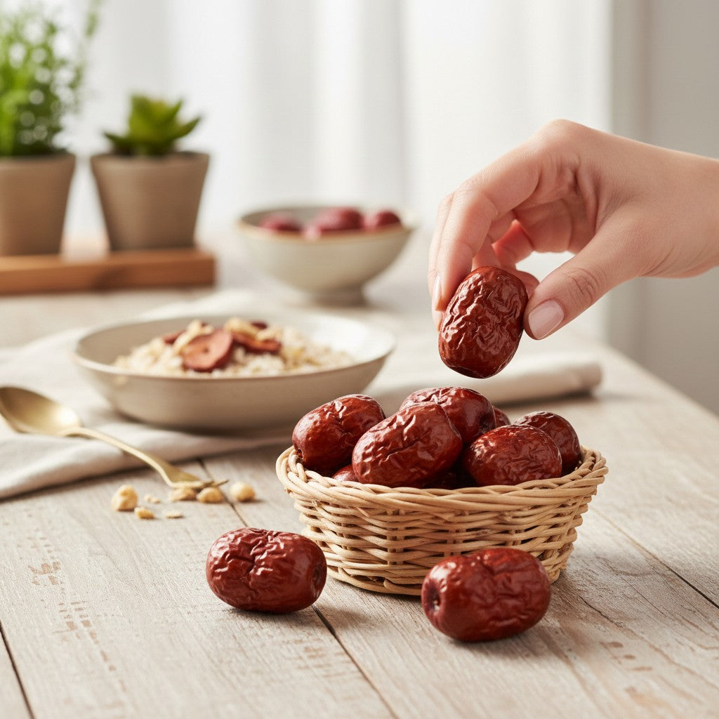 Asia Trade natural dried Chinese jujube plums in a small wicker basket on a wooden table