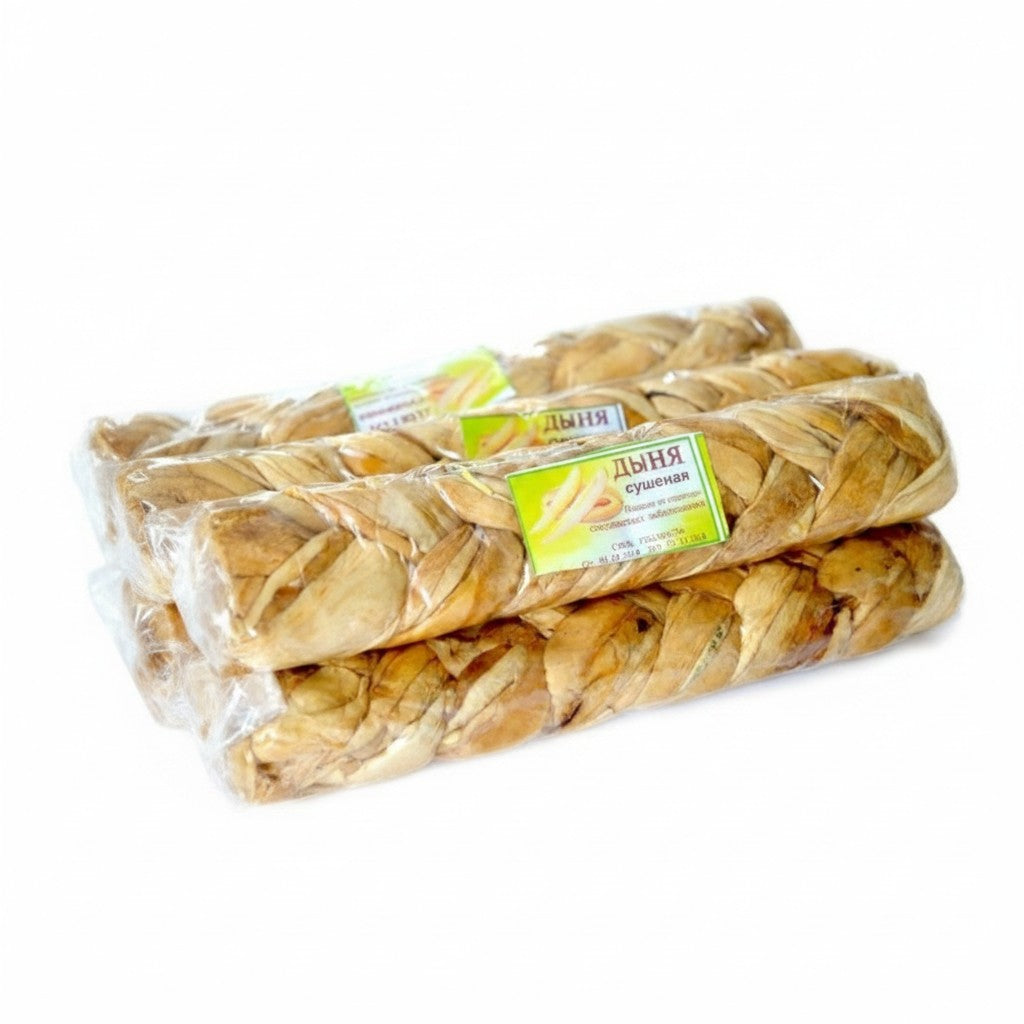 Asia Trade dried melon strips from Uzbekistan, packaged in clear plastic, 60g portion.