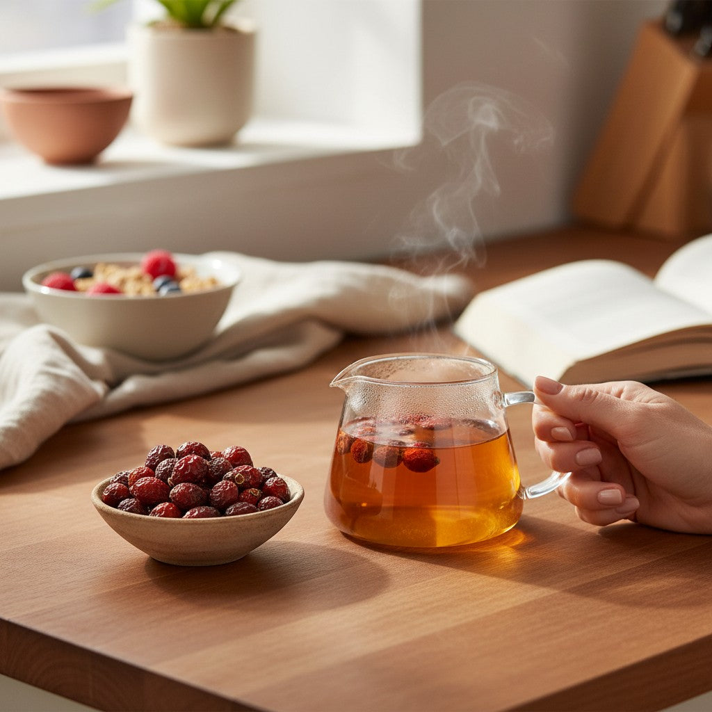 Asia Trade dried rose hips in a small bowl next to a steaming glass teapot of rose hip tea on a wooden table