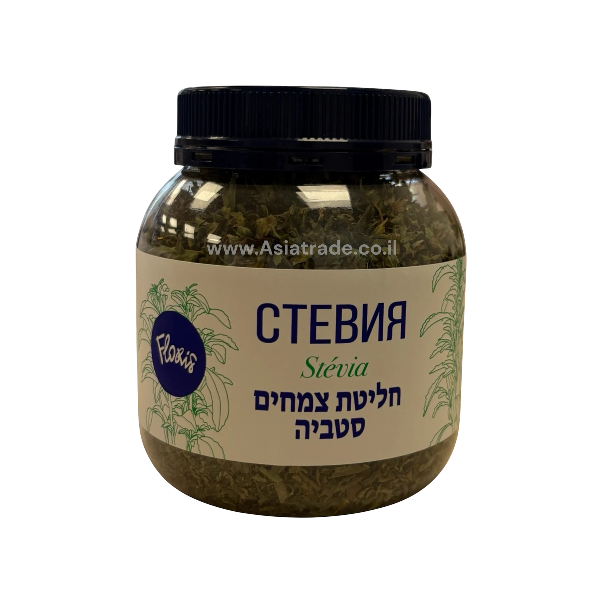 Asia Trade dried stevia leaf herbal infusion in a clear plastic jar with a black lid
