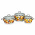 Asia Trade set of three white enamel pots with colorful fruit patterns and glass lids in various sizes