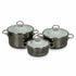 Asia Trade set of three dark grey enamel pots with glass lids and Bon appetit text, sizes 1.5L, 3L, and 4L.