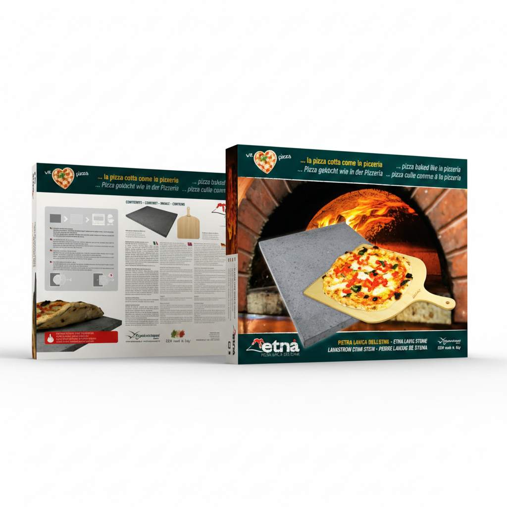 Asia Trade rectangular Etna volcanic stone pizza baking stone with a wooden pizza peel in retail packaging