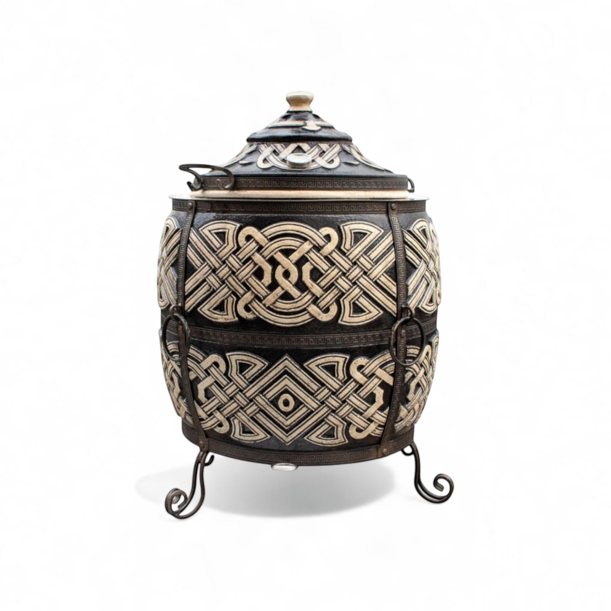 Asia Trade Exclusive insulated tandoor oven with decorative wrought iron frame and traditional ceramic patterns